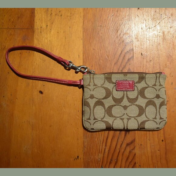COACH Classic Tan Print Wristlet with Pink Accents - Picture 1 of 5